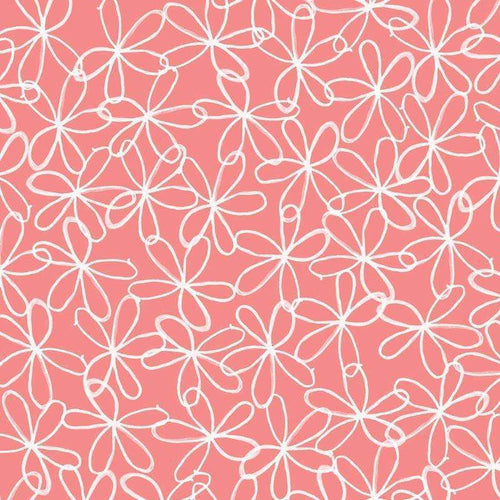 Whimsical white floral outlines on a salmon pink background