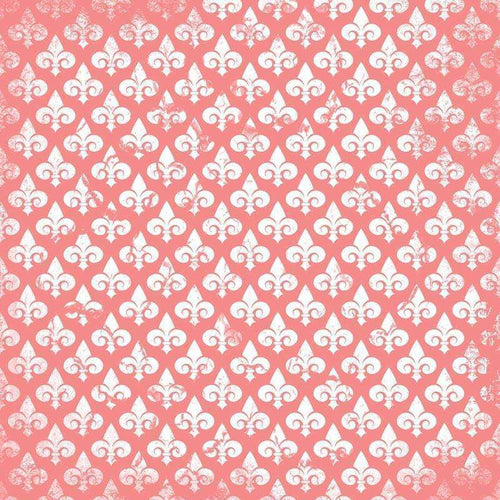 White distressed fleur-de-lis pattern on a coral pink background