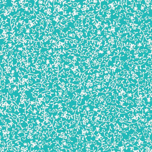 Intricate white floral vine pattern on a teal background