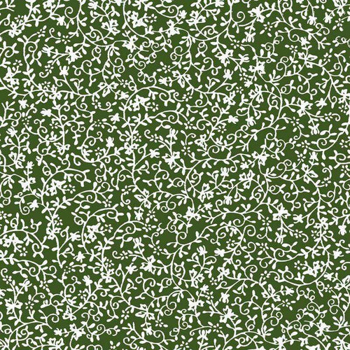 Intricate white vine pattern on a deep green background