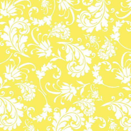 Elegant white rococo pattern on a vibrant yellow background