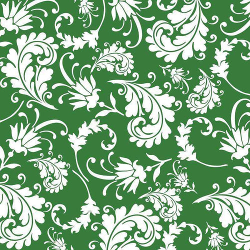 Elegant white floral pattern on a vibrant green background