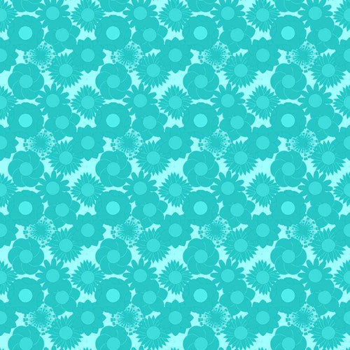 Repeating pattern of aqua floral designs on a lighter aqua background