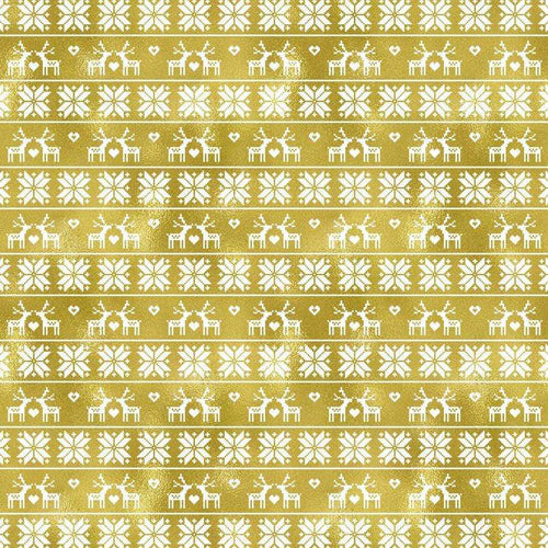 Scandinavian festive pattern with snowflakes and deer in gold and white