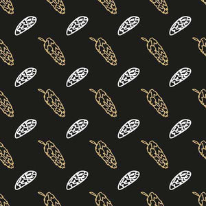 Repeating pattern of stylized cocoa pods on a dark background