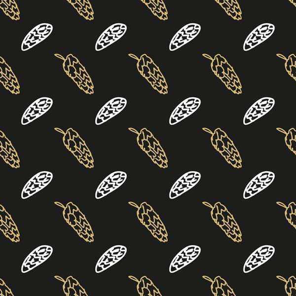 Repeating pattern of stylized cocoa pods on a dark background