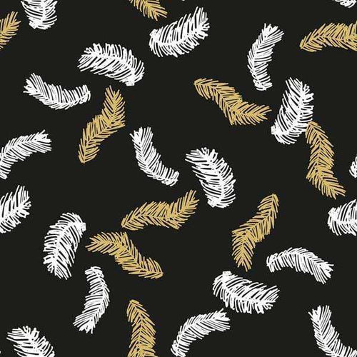 Scattered feathers pattern in white and gold on a black background