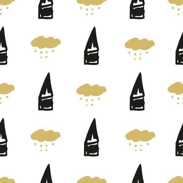 Pattern with stylized black houses and gold clouds on a white background