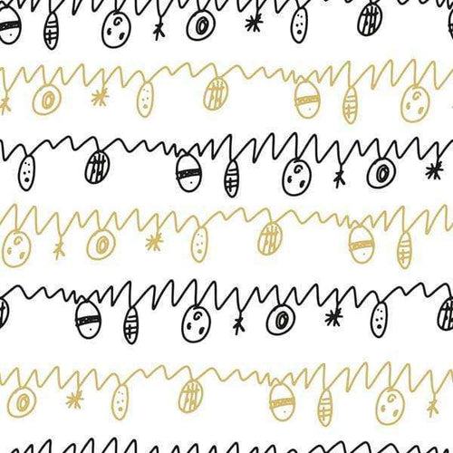 Black and gold doodled festive patterns on a white background