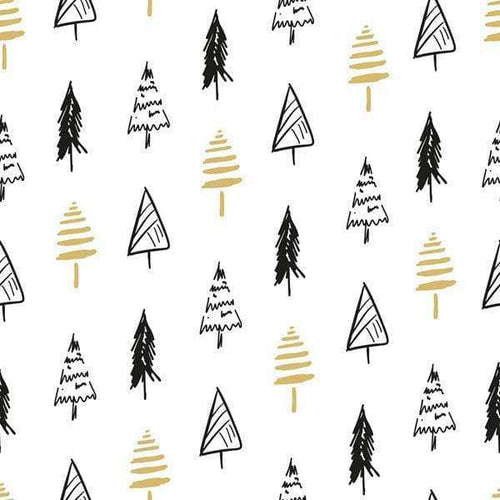 Hand-drawn style pattern with various tree illustrations in black and gold on a white background