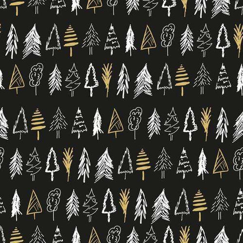 Hand-drawn style trees on a dark background pattern