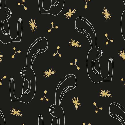 Pattern with playful line-drawn rabbits and abstract shapes on a dark background