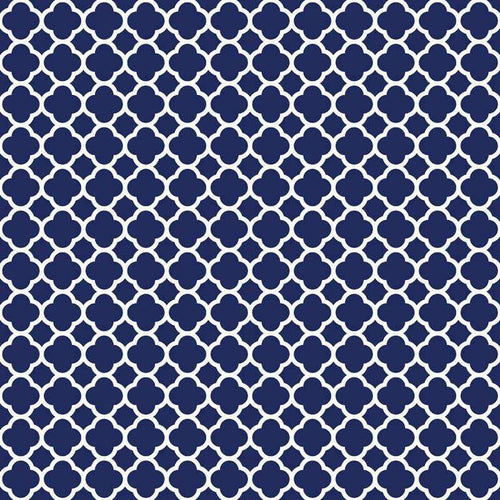 Symmetrical navy blue floral pattern on a white background