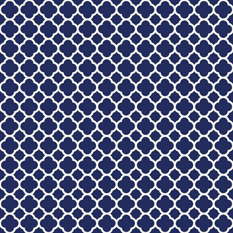 Symmetrical navy blue floral pattern on a white background
