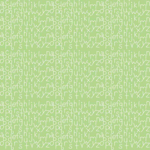 Green background with stylized white alphabet letters pattern