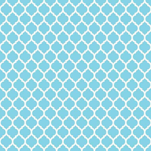Continuous aqua blue arabesque tile pattern on a white background