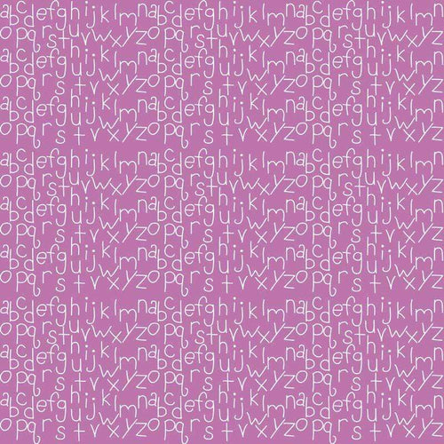 Abstract alphabetic characters in various orientations on a purple background