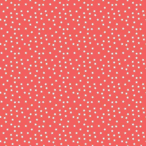 A repeating pattern of small white stars on a salmon pink background