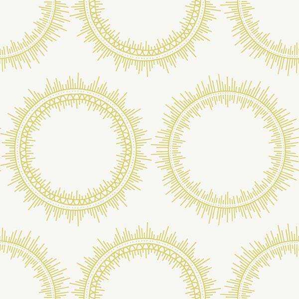 Geometric circular sunburst pattern in yellow on a cream background