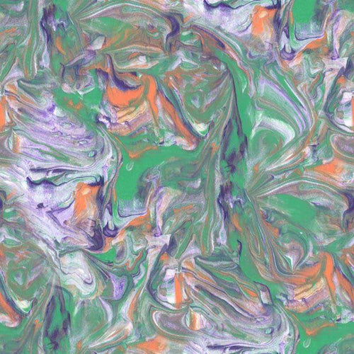 Abstract marbled pattern with swirling green, purple, and orange colors