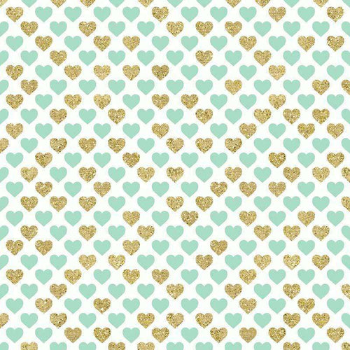 Alternating turquoise and gold glitter hearts on a white background