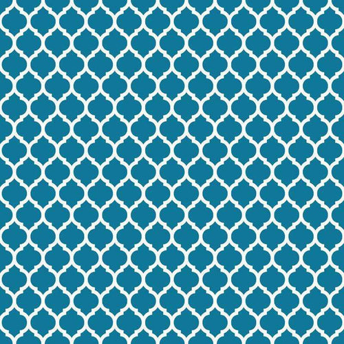 Continuous Moroccan trellis pattern in turquoise on white background