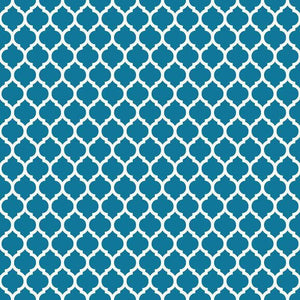 Continuous Moroccan trellis pattern in turquoise on white background