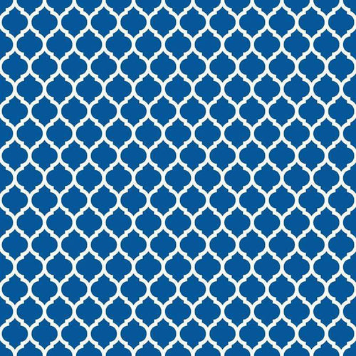 Repeated intricate blue arabesque shapes on a white background forming a lattice pattern