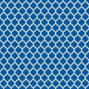 Repeated intricate blue arabesque shapes on a white background forming a lattice pattern