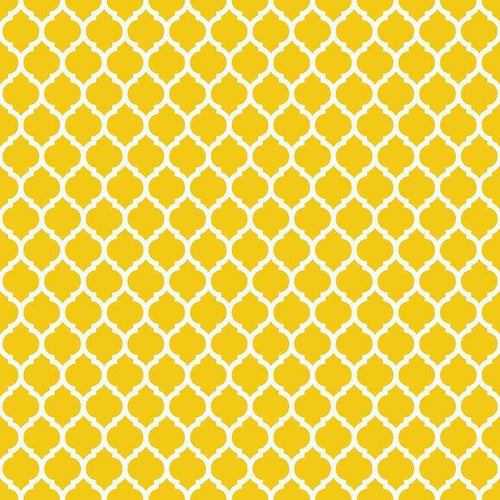 Geometric yellow lattice design on a white background