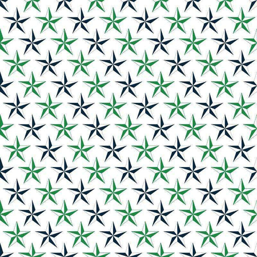 Seamless pattern of alternating emerald green and navy blue nautical stars on a white background
