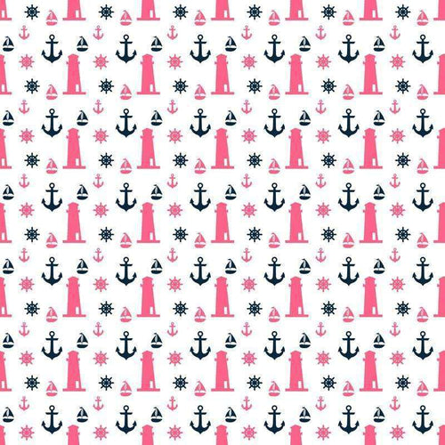 Maritime themed pattern featuring lighthouses, anchors, and ship wheels on a pink background