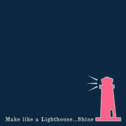 Illustration of a red lighthouse with a shining light on a deep blue background with inspirational quote