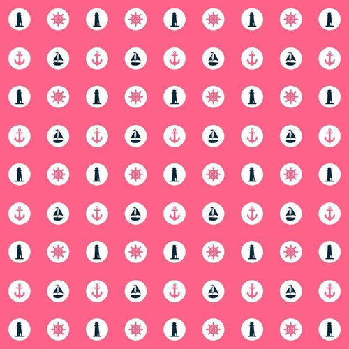 Nautical-themed pattern with anchors, sailboats, and compass roses on a pink background