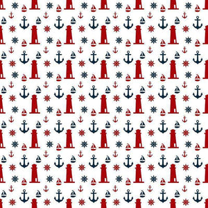 Maritime themed pattern with lighthouses, anchors, and helm wheels