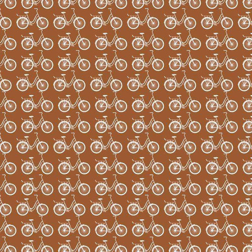 Seamless pattern of white bicycles on a terra cotta background