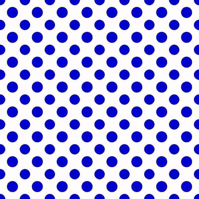 Square image featuring royal blue polka dots on a white background