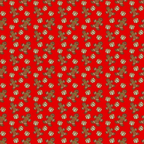 Repeated gingerbread men and candy canes pattern on a festive red background