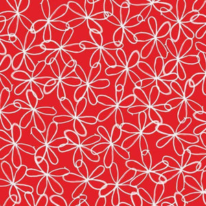 White abstract floral lace pattern on a crimson background