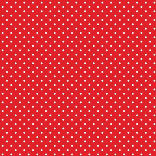 A bright red fabric with evenly spaced white polka dots