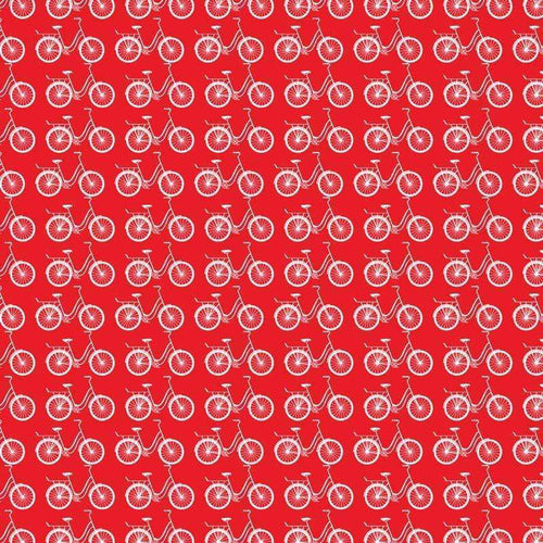 Repeated vintage bicycle pattern on a red background