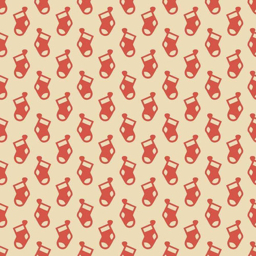 Repeated pattern of red knitted socks on a cream background