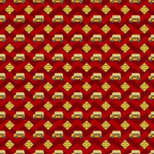 Repeated pattern of yellow school buses on a red background