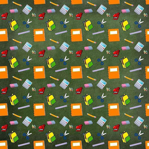 Assorted school supplies pattern on a green background