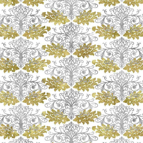 Elegant grey and gold leafy damask pattern