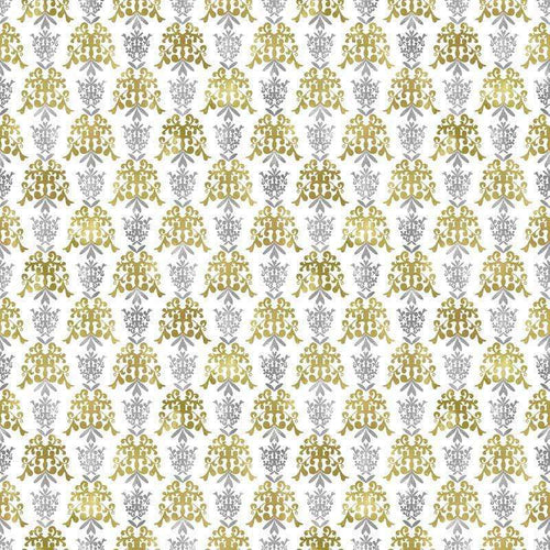 Intricate golden and silver floral pattern on a white background