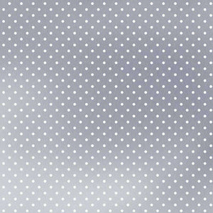 Evenly spaced white polka dots on a textured silver background
