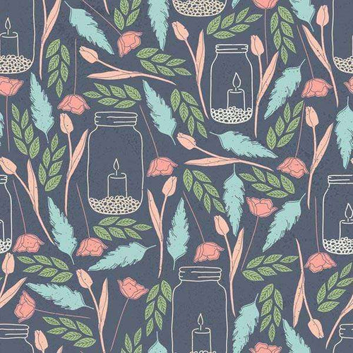 Hand-drawn pattern with candle jars and roses on a moody background