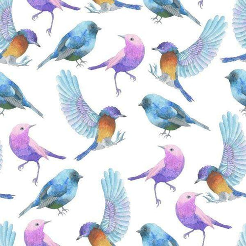 Seamless pattern of watercolor-style illustrated birds in mid-flight and at rest