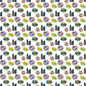 Colorful repetitive pattern featuring comic book style 'Pop!' and 'Zap!' exclamations alongside cityscape silhouettes